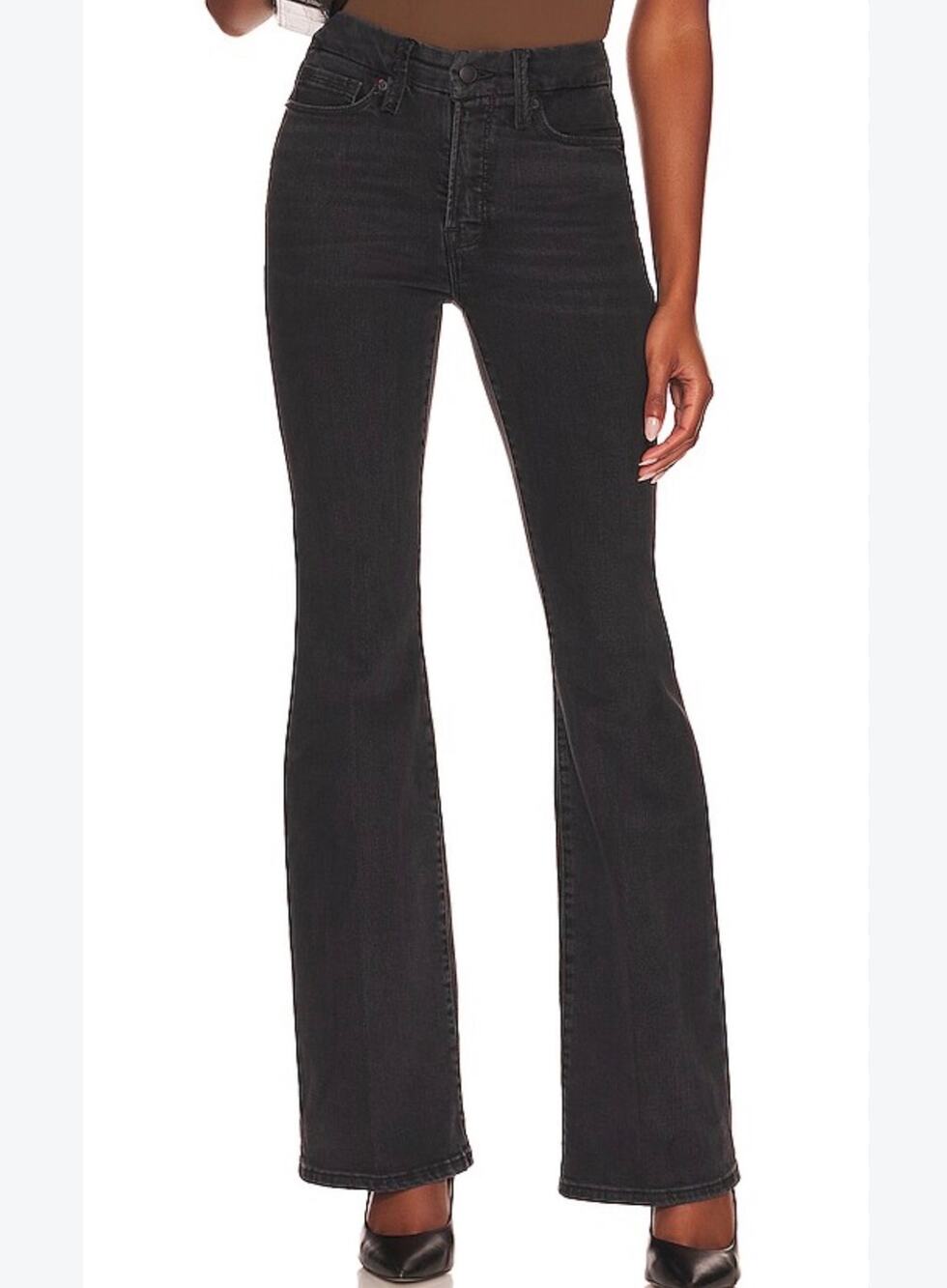 Good American Good Legs Flare Jeans 6/28 Black High Rise Stretch Denim Luxury